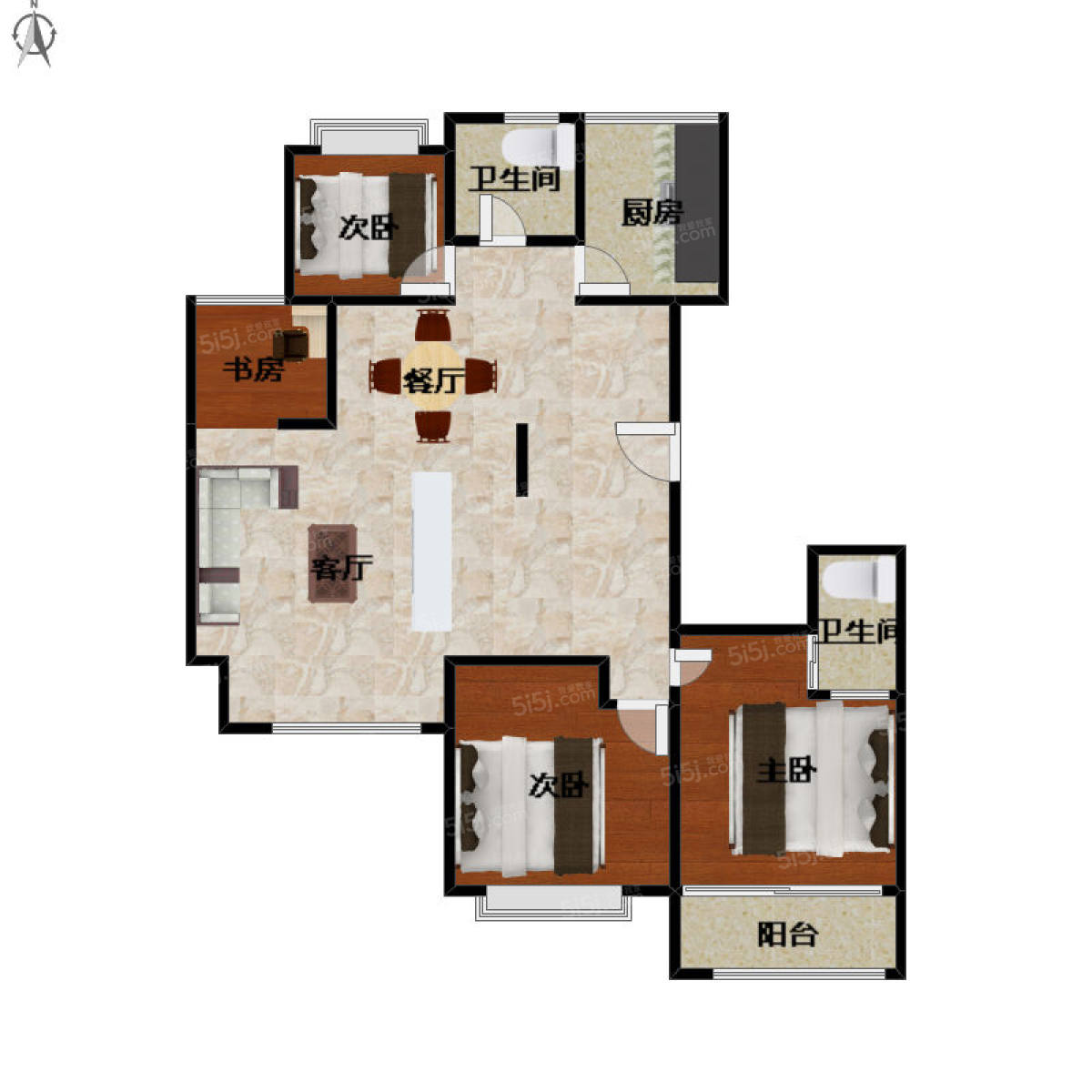 西城年华公寓 边套四房户型 南北通透 两房朝南 位置安静
