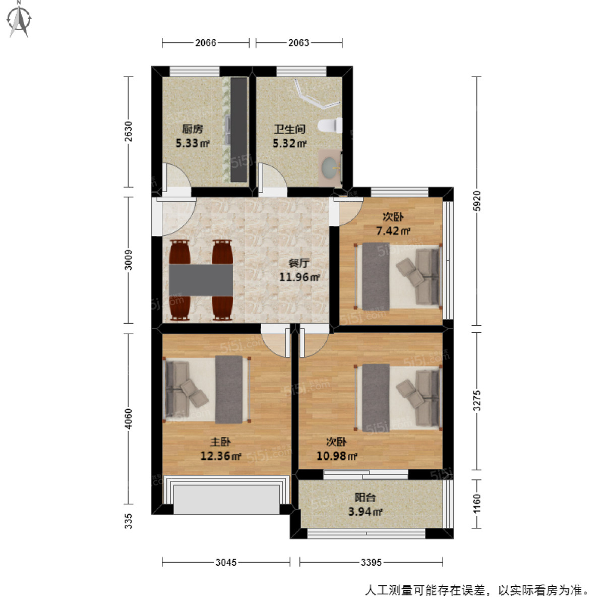都市阳光华苑 东边套三室一厅一卫 全明户型 南北通透